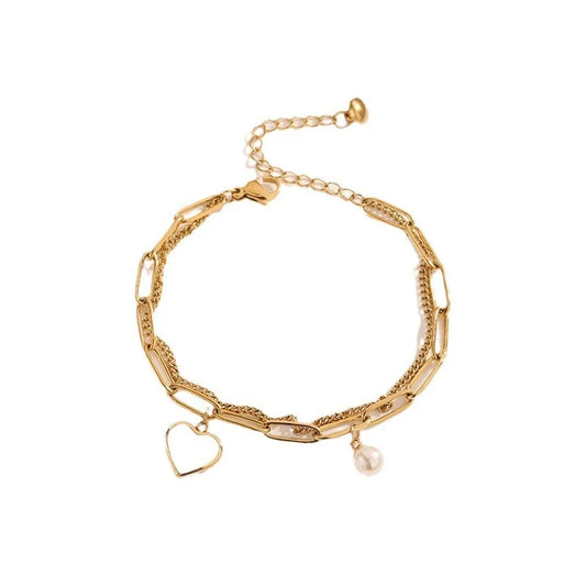 Cute Heart Shape Pearl Bracelet for Women in Golden Titanium Steel