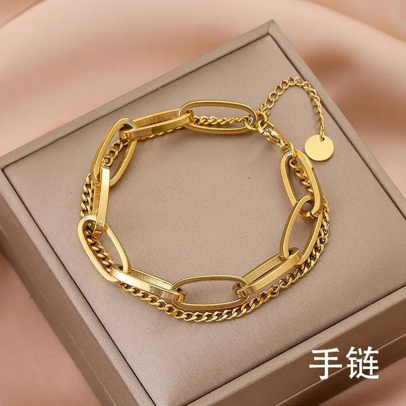 Double-Layer Chain Golden 304 Stainless Steel Streetwear Bracelets
