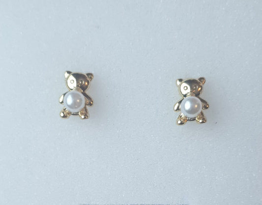 Style Casual Cute Ball on Bear Shape Polishing Hollow Out Inlay Copper Acrylic Pearl Zircon 18K Gold Plated Ear Studs (Copy)