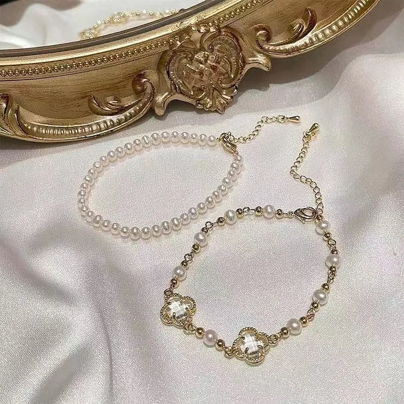 New Retro Elegant Four-leaf Clover Pearl Bracelet Women's Korean-style