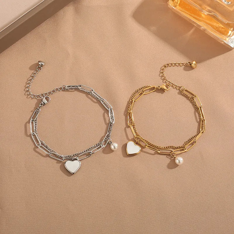 Cute Heart Shape Pearl Bracelet for Women in Golden Titanium Steel