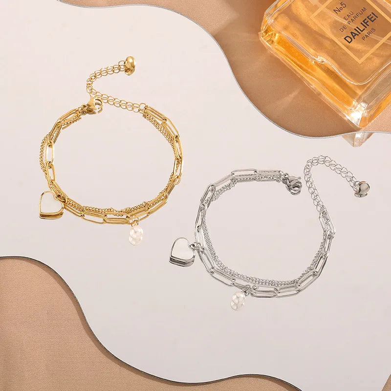 Cute Heart Shape Pearl Bracelet for Women in Golden Titanium Steel