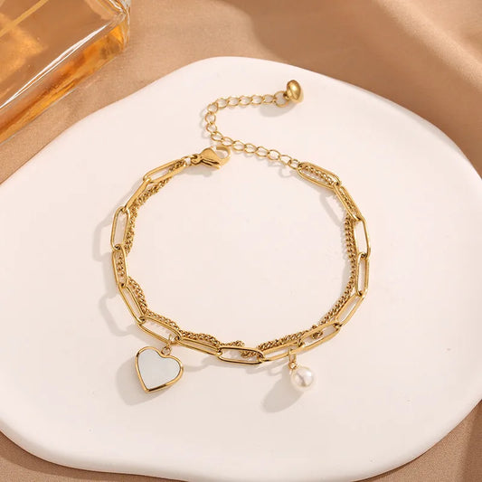Cute Heart Shape Pearl Bracelet for Women in Golden Titanium Steel