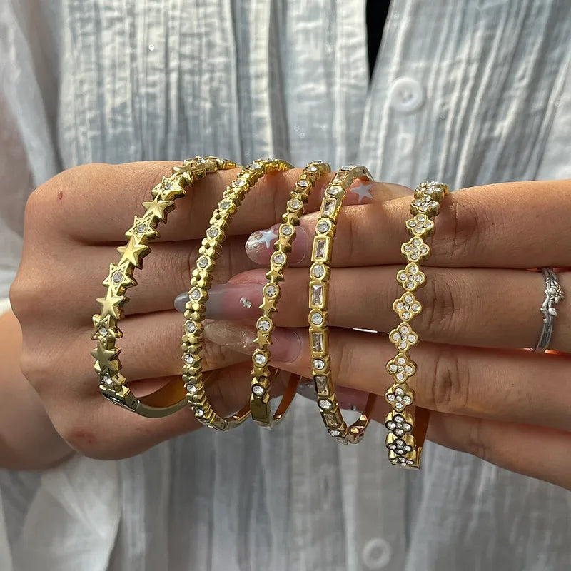 Stainless Steel 18K Gold Embedded Zirconia Star Bracelet Elegant Luxurious Sexy Style For Holiday Weekend Party Selfie Garden