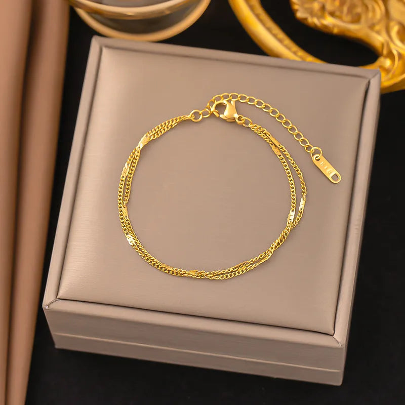 Side Flat Chain Golden Heart Shape Grain 304 Stainless Steel Streetwear Bracelets