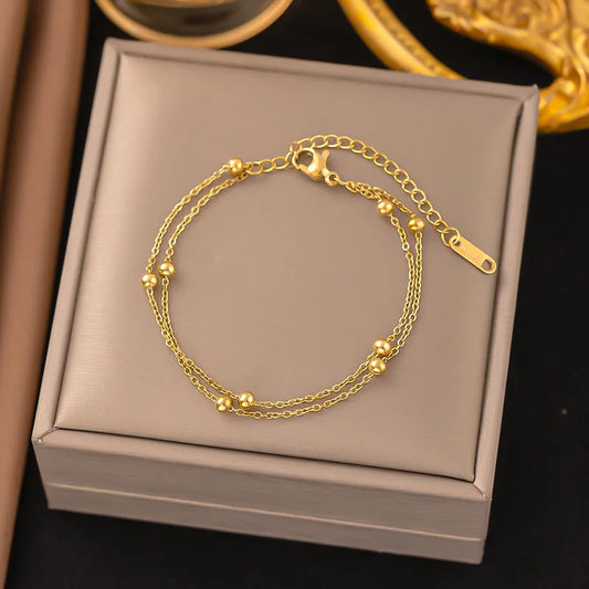 Double-Layer Beads Gold 304 Stainless Steel Streetwear Bracelets