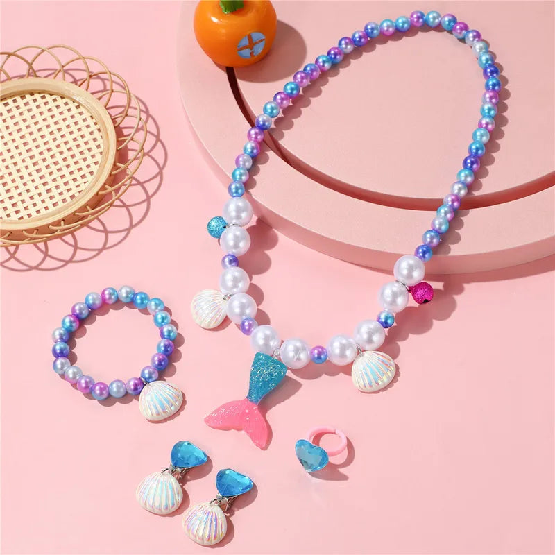 Fishtail 5-piece set purple Children's Jewelry Set Dopamine Necklace Children's Mermaid Tail Shell Necklace Princess Bracelet