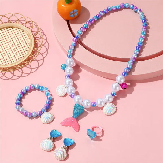 Fishtail 5-piece set purple Children's Jewelry Set Dopamine Necklace Children's Mermaid Tail Shell Necklace Princess Bracelet