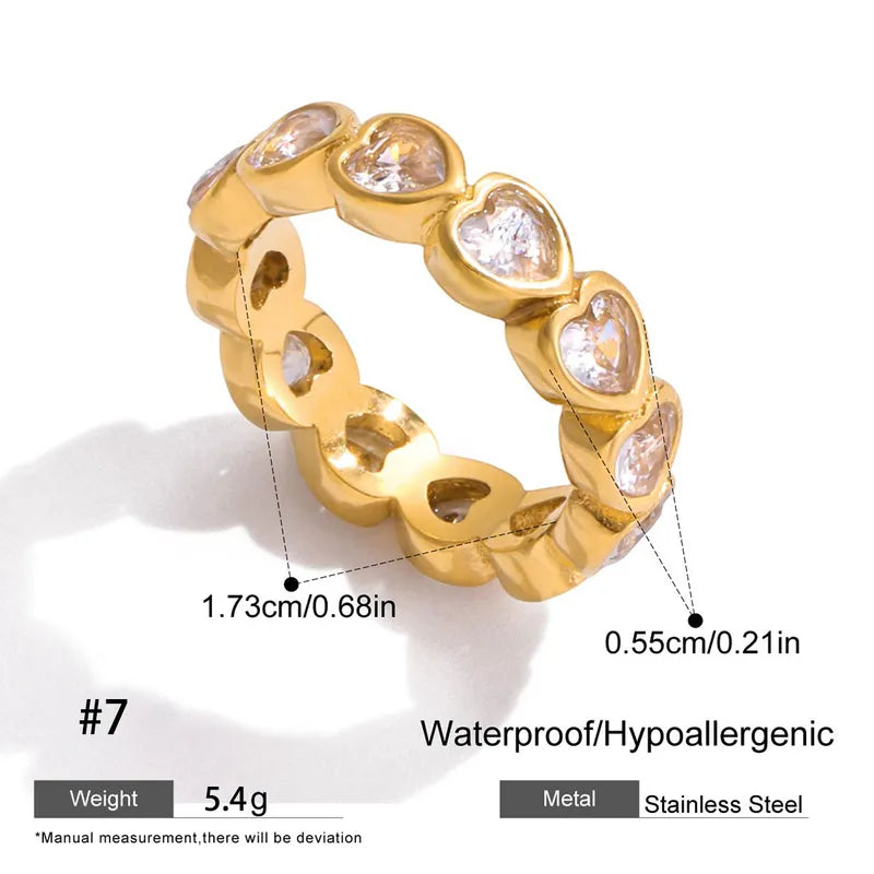 18K Gold Plated 304 Stainless Steel Vacuum Electroplating (In Furnace) Zircon Round Square Water Drop Heart Inlaid Ring for Women Valentine's Day