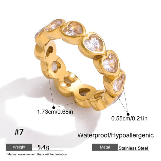 18K Gold Plated 304 Stainless Steel Vacuum Electroplating (In Furnace) Zircon Round Square Water Drop Heart Inlaid Ring for Women Valentine's Day
