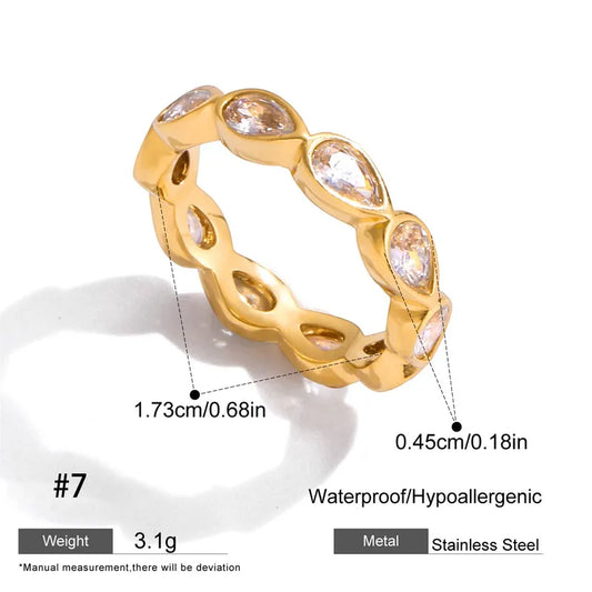 18K Gold Plated 304 Stainless Steel Vacuum Electroplating (In Furnace) Zircon Round Square Water Drop Heart Inlaid Ring for Women Valentine's Day