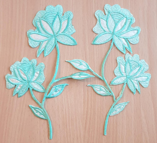 Vibrant Colour -Blue- Flower Pair Embroidered 13x10 cm Sew-On Glue-On Appliqué Patch
