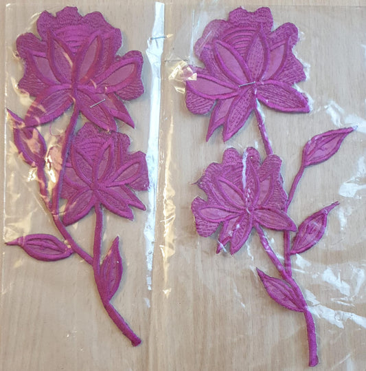 Vibrant Colour -Purple- Flower Pair Embroidered 13x10 cm Sew-On Glue-On Appliqué Patch