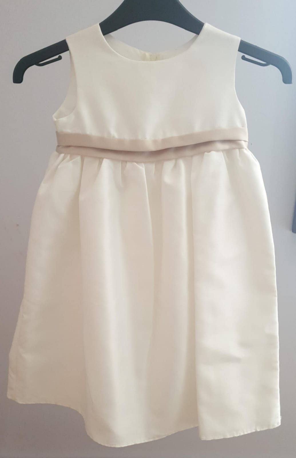 White Satin Baby Dress Pink Ribbon Age 4